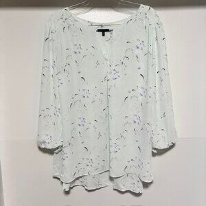 Kaari Blue Curvy 3X Blue Dressy Tunic Blouse Floral Boho Keyhole V Neck Sheer